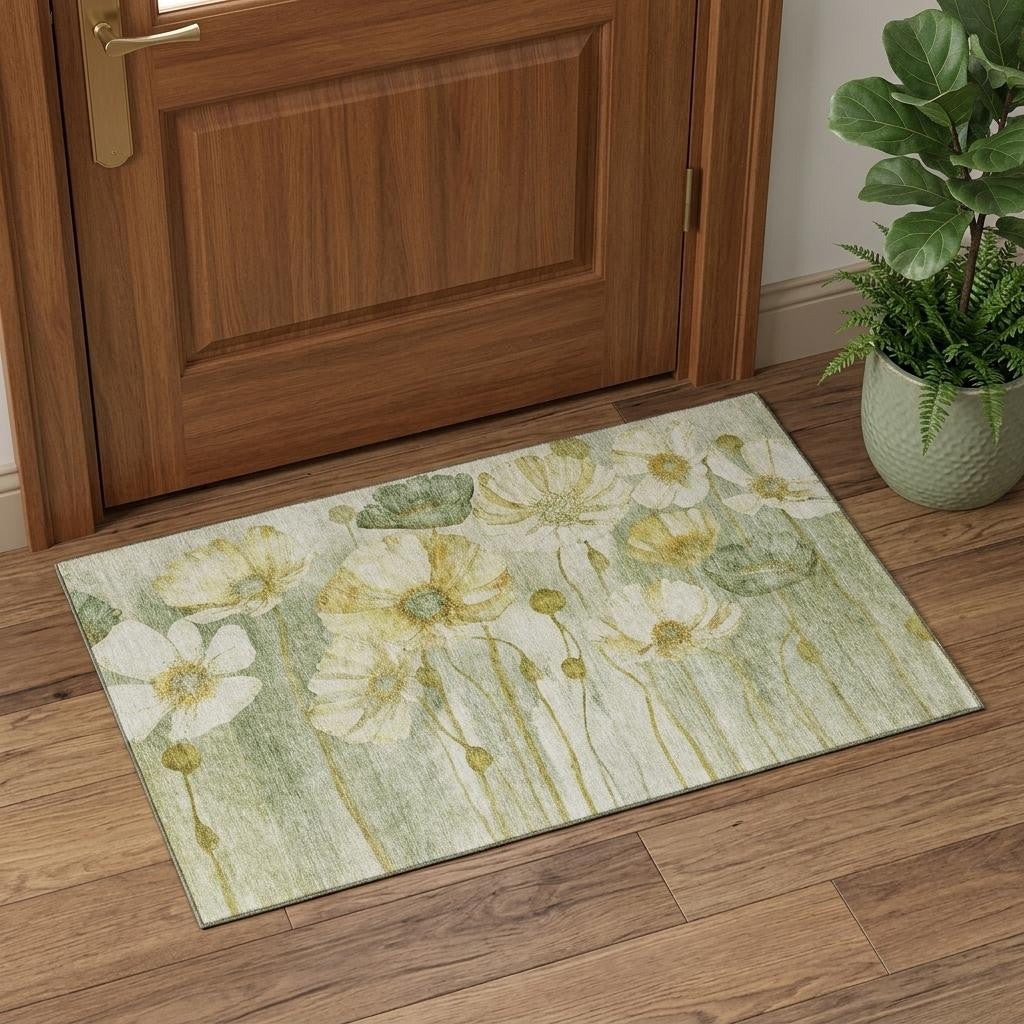 3 X 5 Sage Gold And Ivory Floral Washable Area Rug With UV Protection