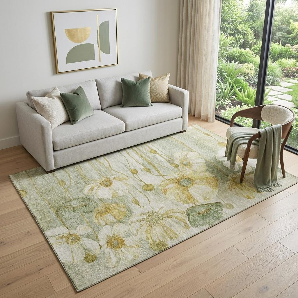 5 X 8 Sage Gold And Ivory Floral Washable Area Rug With UV Protection