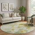 8 Sage Gold And Ivory Floral Washable Round Rug With UV Protection