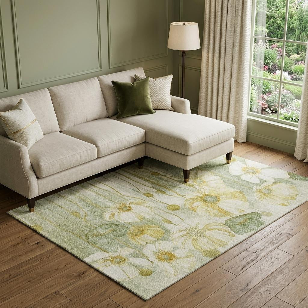 10 X 14 Sage Gold And Ivory Floral Washable Area Rug With UV Protection