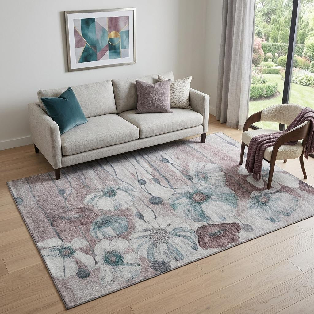 5 X 8 Teal Mauve And Ivory Floral Washable Area Rug With UV Protection