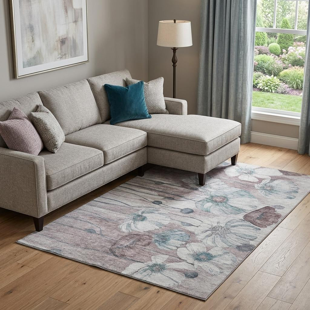 10 X 14 Teal Mauve And Ivory Floral Washable Area Rug With UV Protection