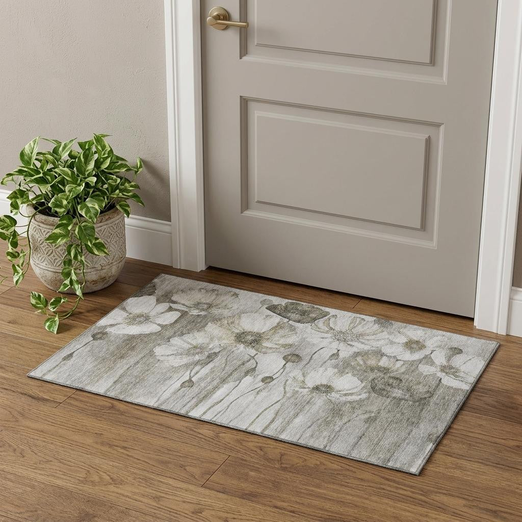 3 X 5 Taupe And Ivory Floral Washable Area Rug With UV Protection