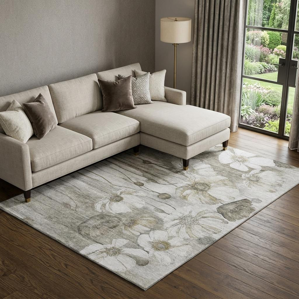 8 X 10 Taupe And Ivory Floral Washable Area Rug With UV Protection