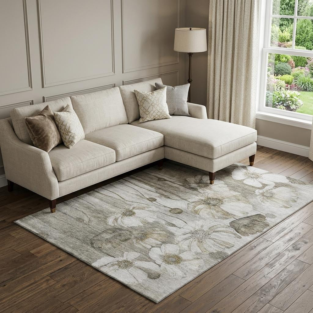 10 X 14 Taupe And Ivory Floral Washable Area Rug With UV Protection