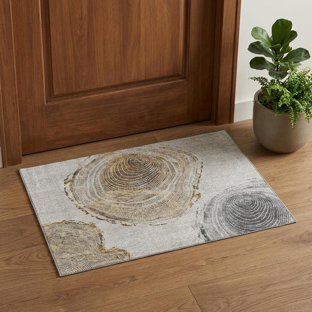 3 X 5 Taupe Brown And Ivory Faux Bois Washable Area Rug With UV Protection