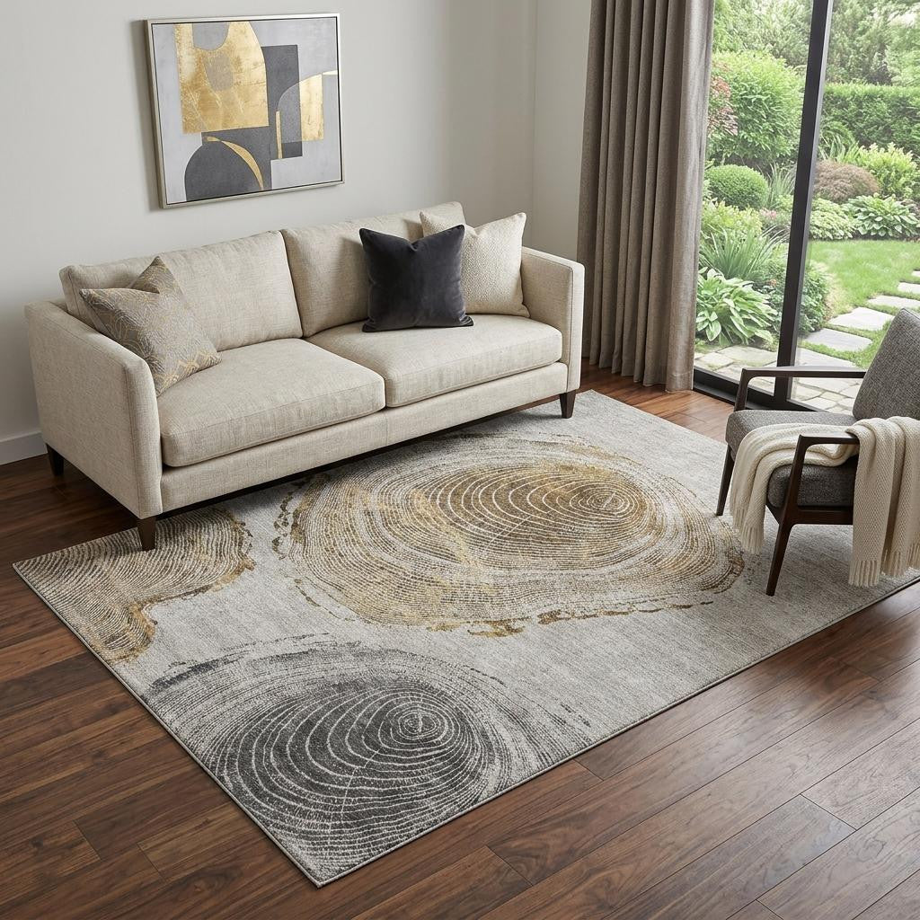 5 X 8 Taupe Brown And Ivory Faux Bois Washable Area Rug With UV Protection