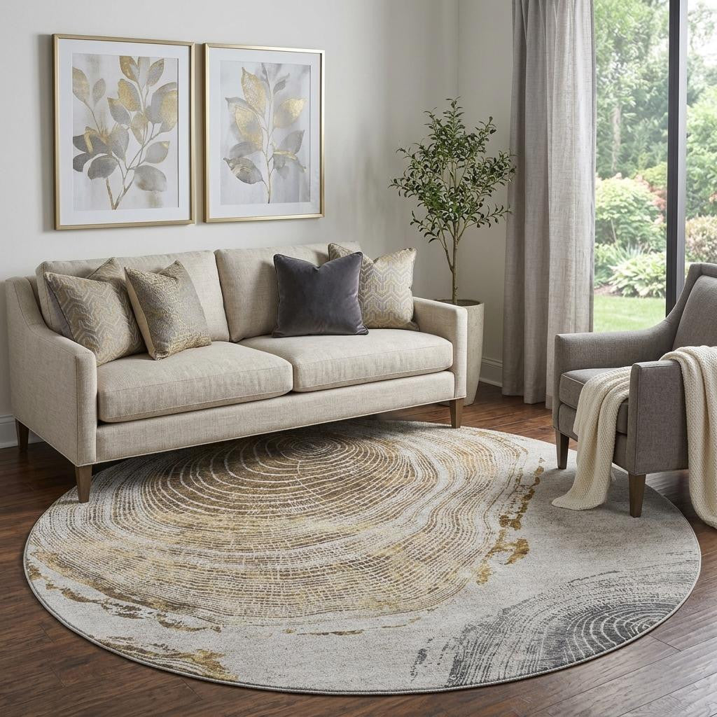8 Taupe Brown And Ivory Faux Bois Washable Round Rug With UV Protection