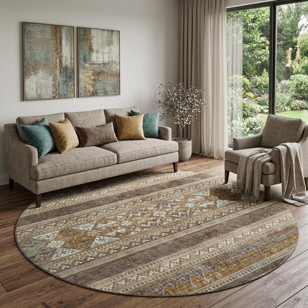 8 Chocolate Copper And Ivory Southwestern Washable Round Rug With UV Protection