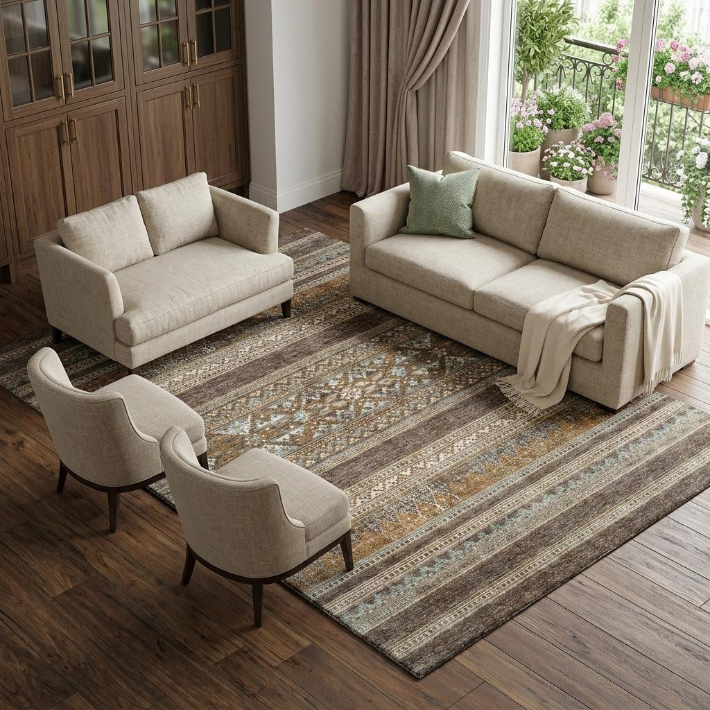 8 X 10 Chocolate Copper And Ivory Southwestern Washable Area Rug With UV Protection