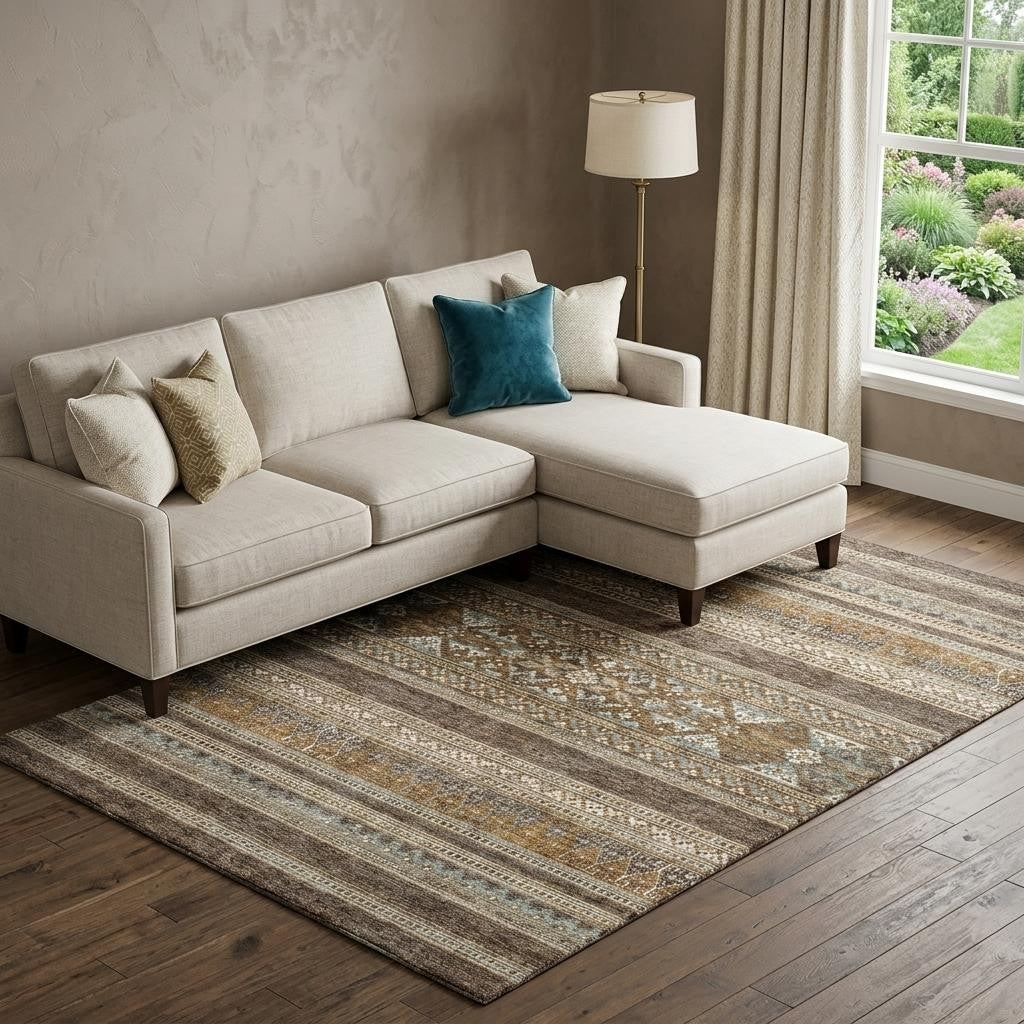 9 X 12 Chocolate Copper And Ivory Southwestern Washable Area Rug With UV Protection
