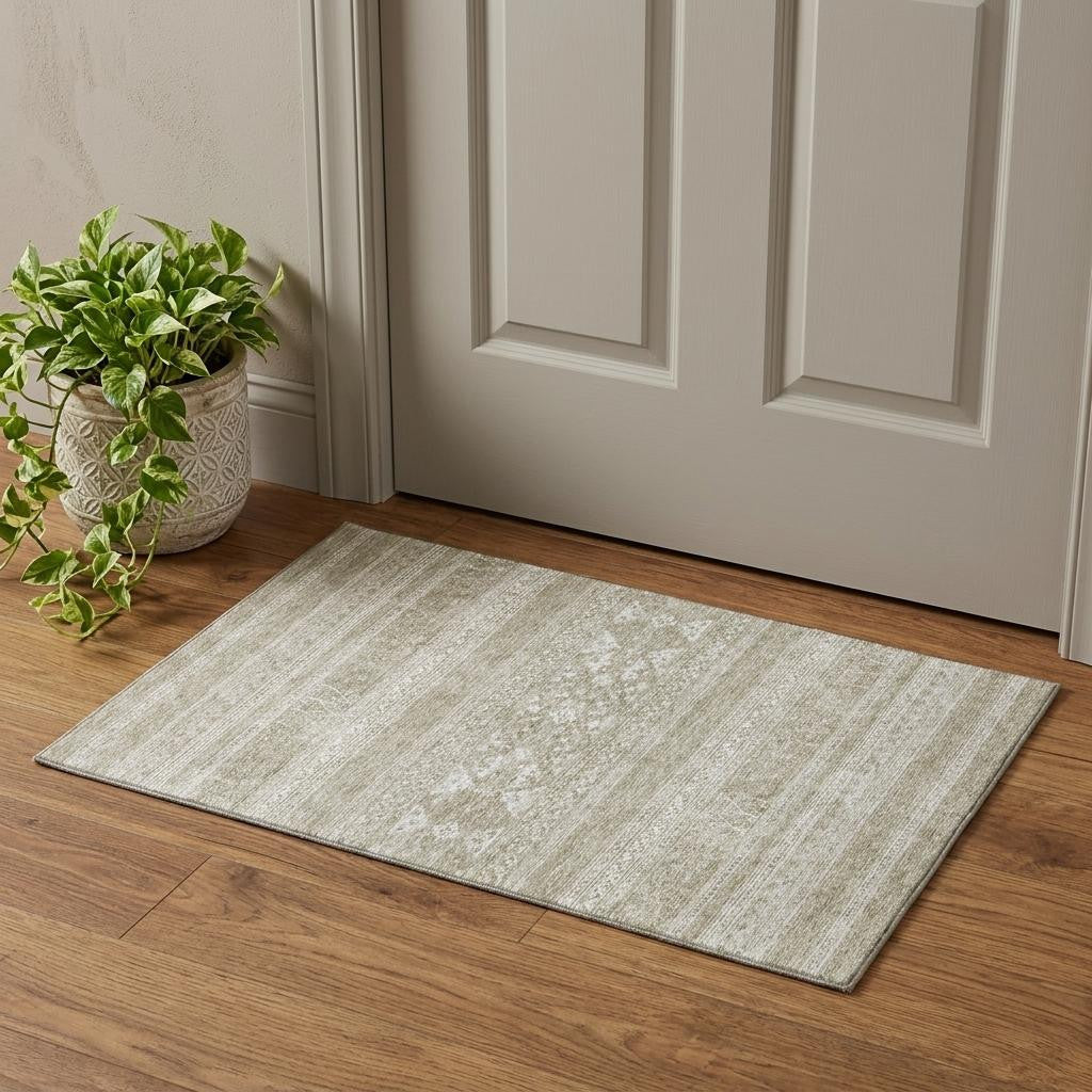 3 X 5 Khaki And Ivory Southwestern Washable Area Rug With UV Protection