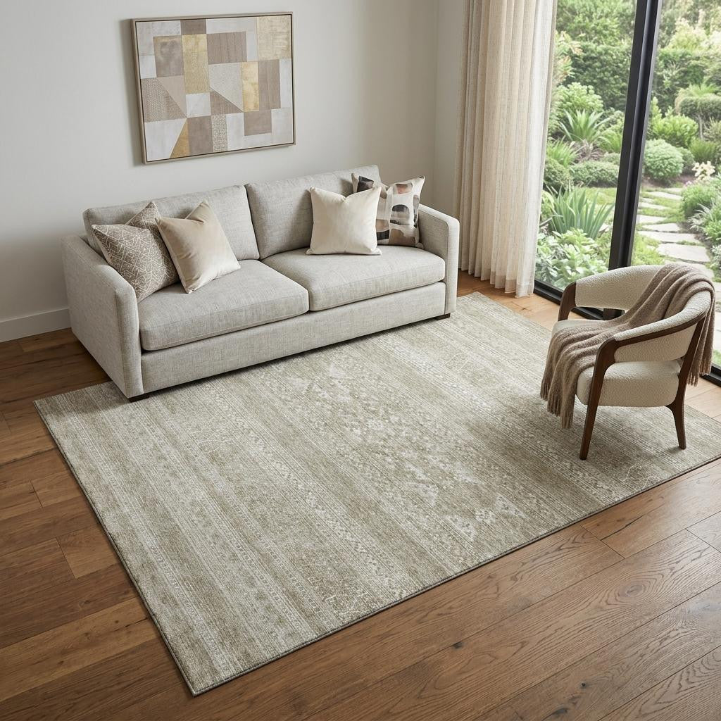 5 X 8 Khaki And Ivory Southwestern Washable Area Rug With UV Protection