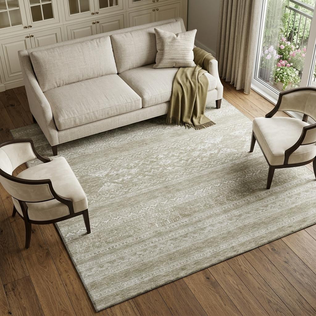 9 X 12 Khaki And Ivory Southwestern Washable Area Rug With UV Protection