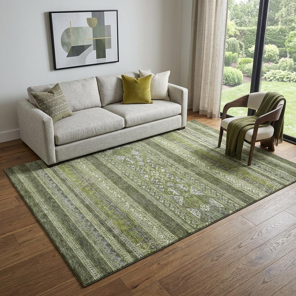5 X 8 Olive Green Gray And Ivory Southwestern Washable Area Rug With UV Protection
