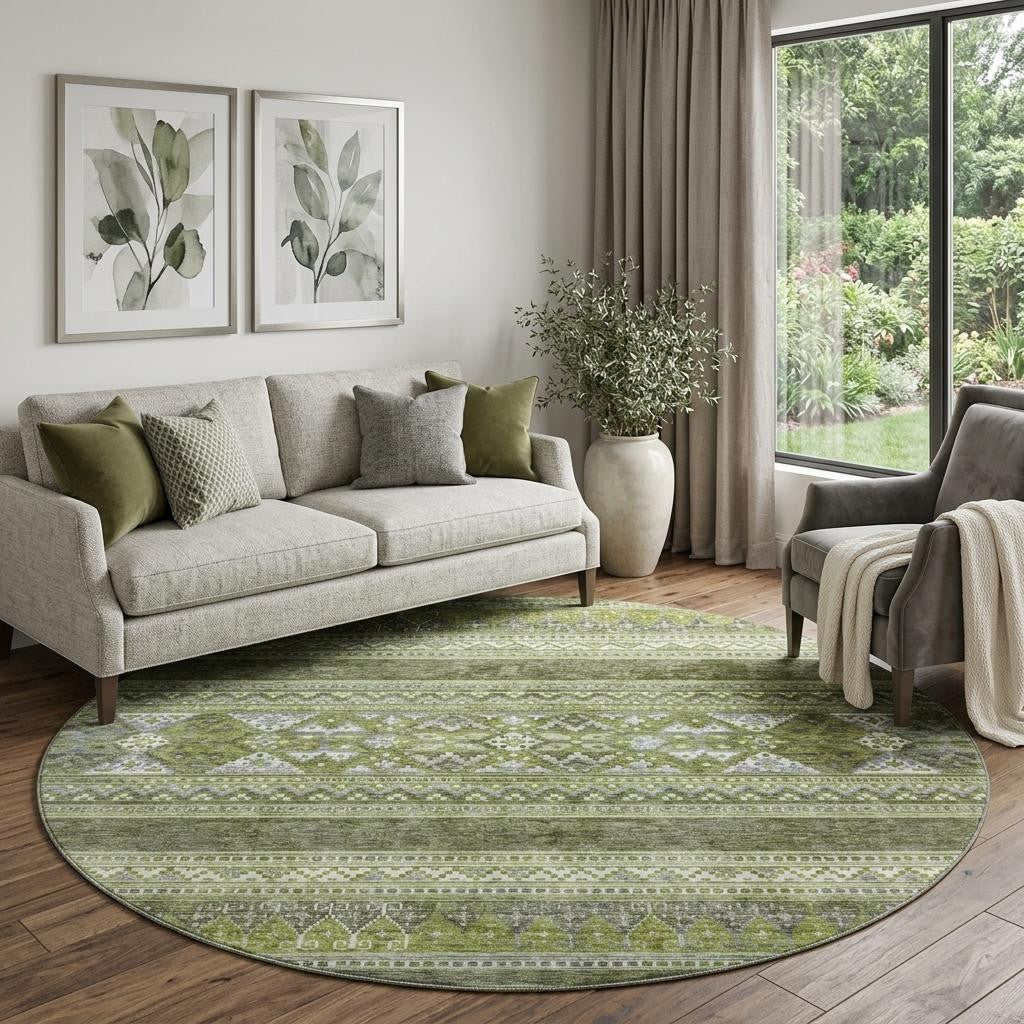 8 Olive Green Gray And Ivory Southwestern Washable Round Rug With UV Protection