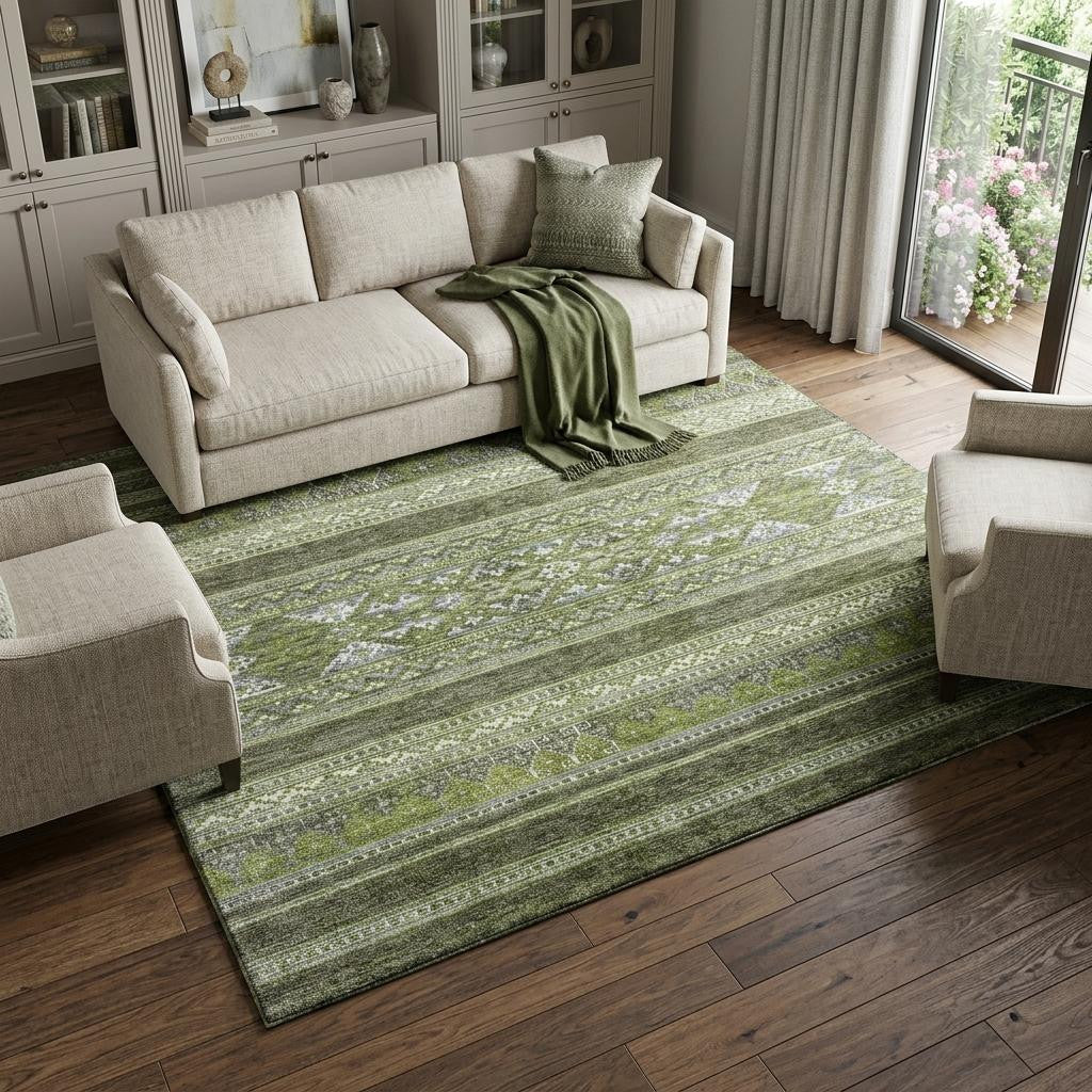10 X 14 Olive Green Gray And Ivory Southwestern Washable Area Rug With UV Protection