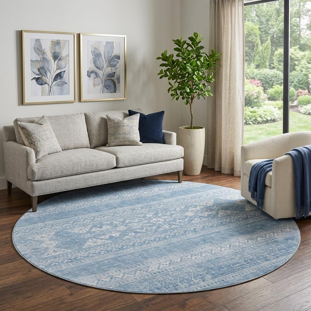 8 Sky Blue And Ivory Southwestern Washable Round Rug With UV Protection