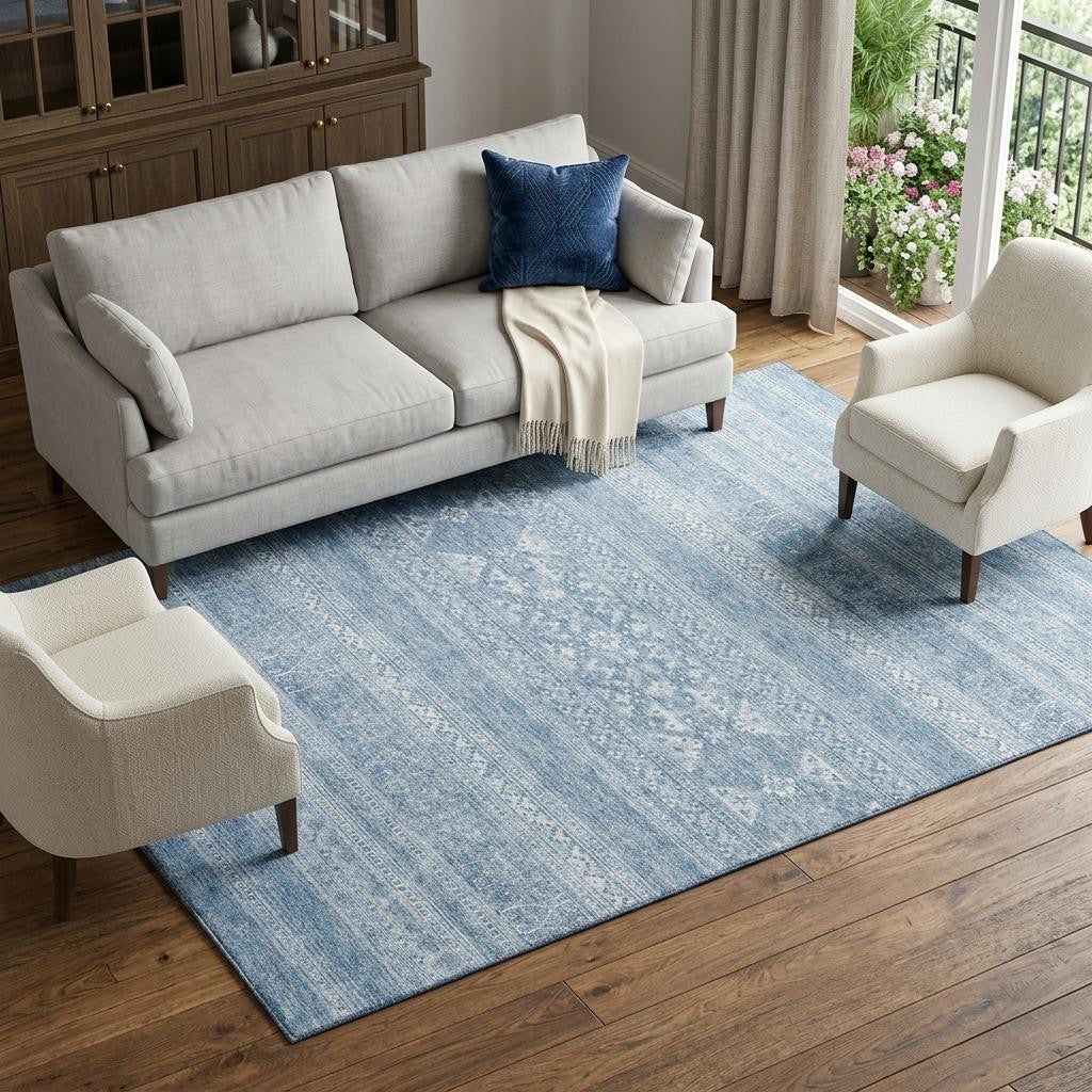 8 X 10 Sky Blue And Ivory Southwestern Washable Area Rug With UV Protection