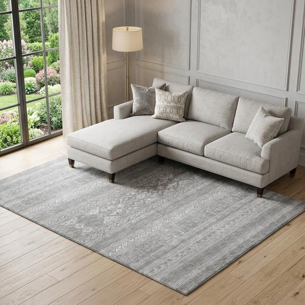8 X 10 Silver And Gray Southwestern Washable Area Rug With UV Protection