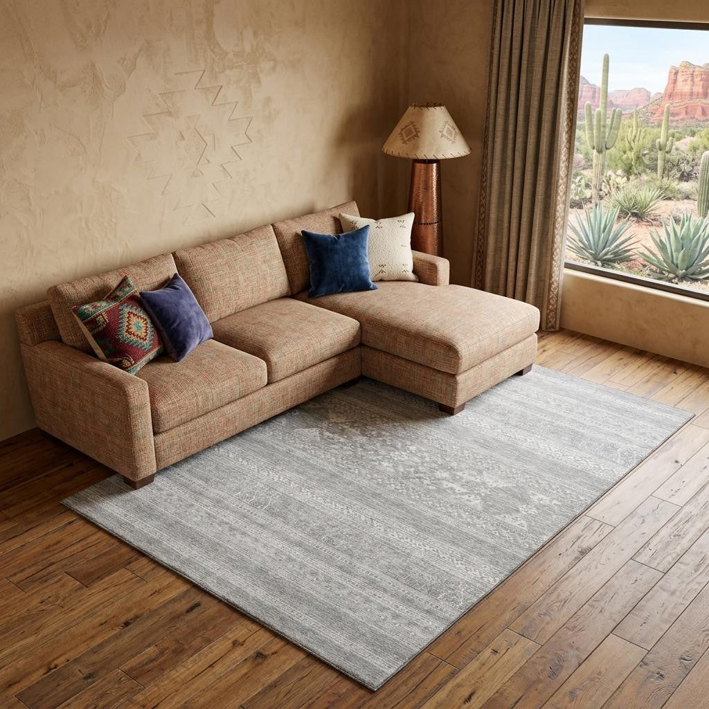 9 X 12 Silver And Gray Southwestern Washable Area Rug With UV Protection