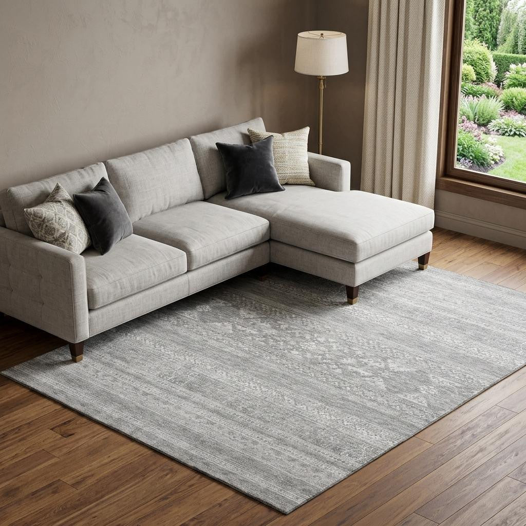 10 X 14 Silver And Gray Southwestern Washable Area Rug With UV Protection