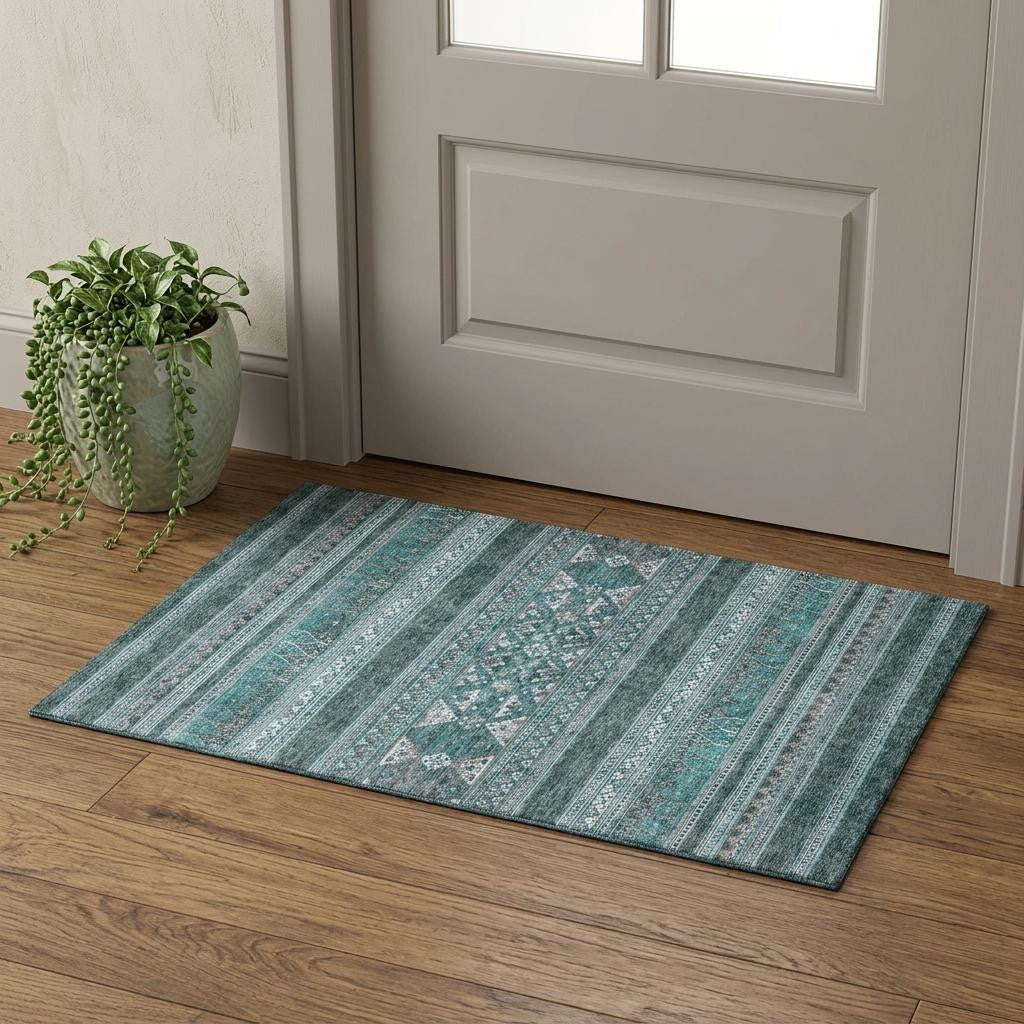 3 X 5 Teal And Ivory Southwestern Washable Area Rug With UV Protection