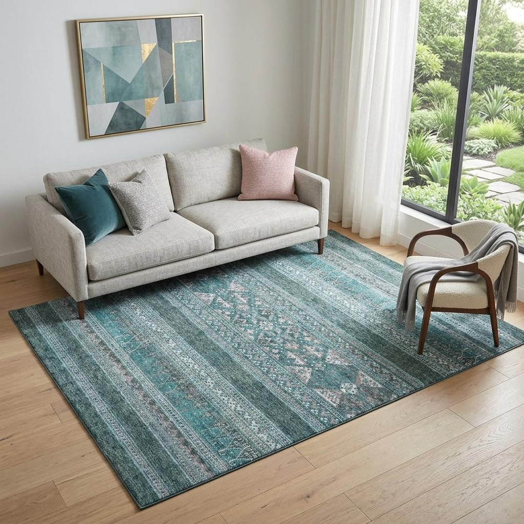 5 X 8 Teal And Ivory Southwestern Washable Area Rug With UV Protection