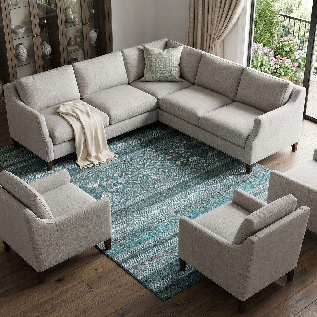8 X 10 Teal And Ivory Southwestern Washable Area Rug With UV Protection