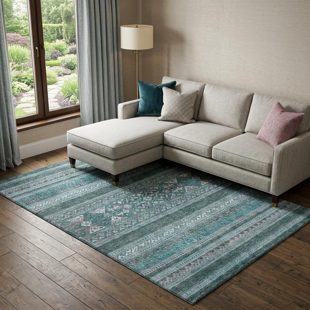 9 X 12 Teal And Ivory Southwestern Washable Area Rug With UV Protection