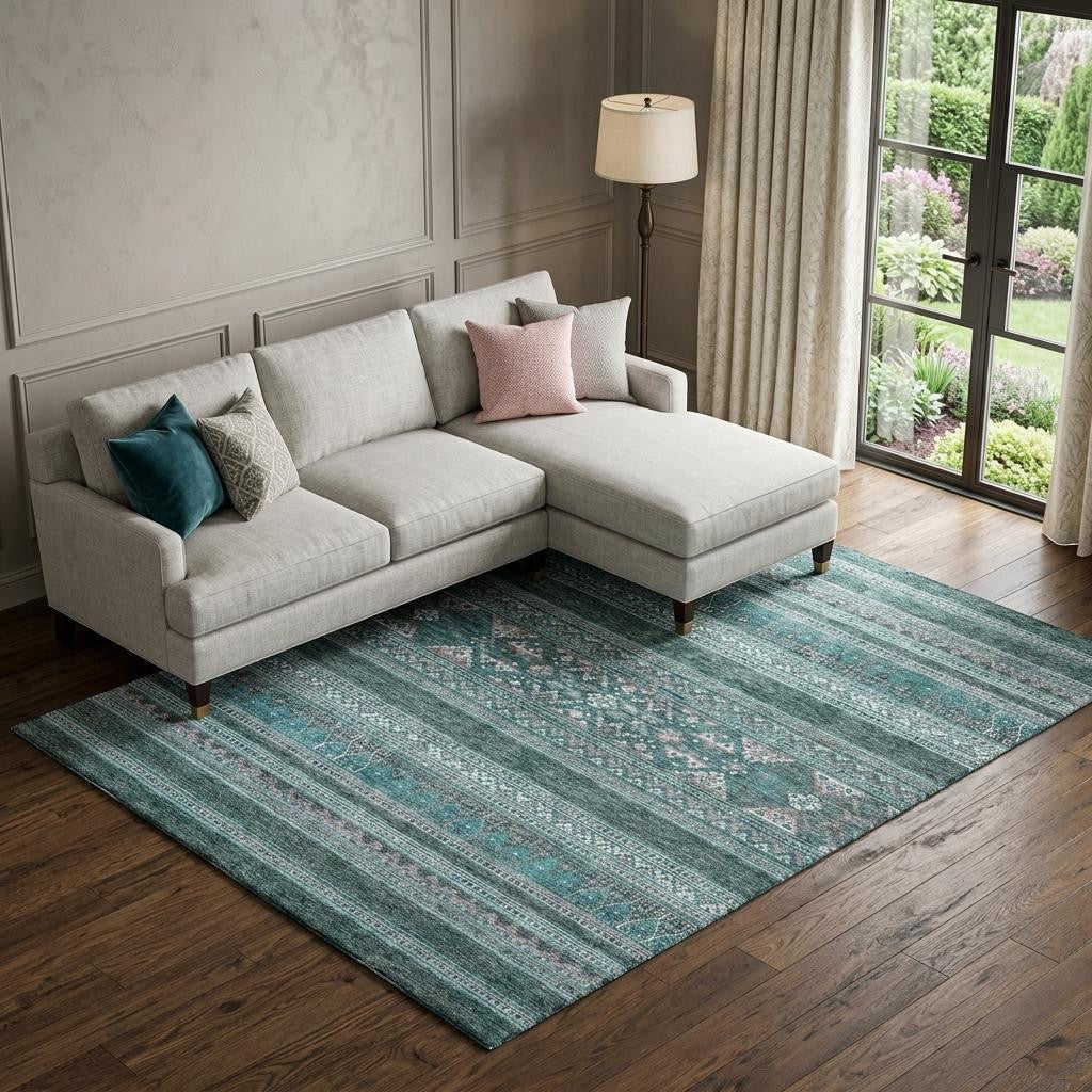 10 X 14 Teal And Ivory Southwestern Washable Area Rug With UV Protection