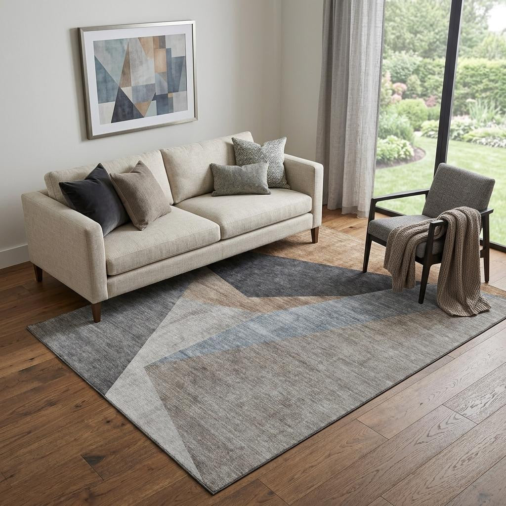 5 X 8 Taupe Blue And Beige Geometric Washable Area Rug With UV Protection