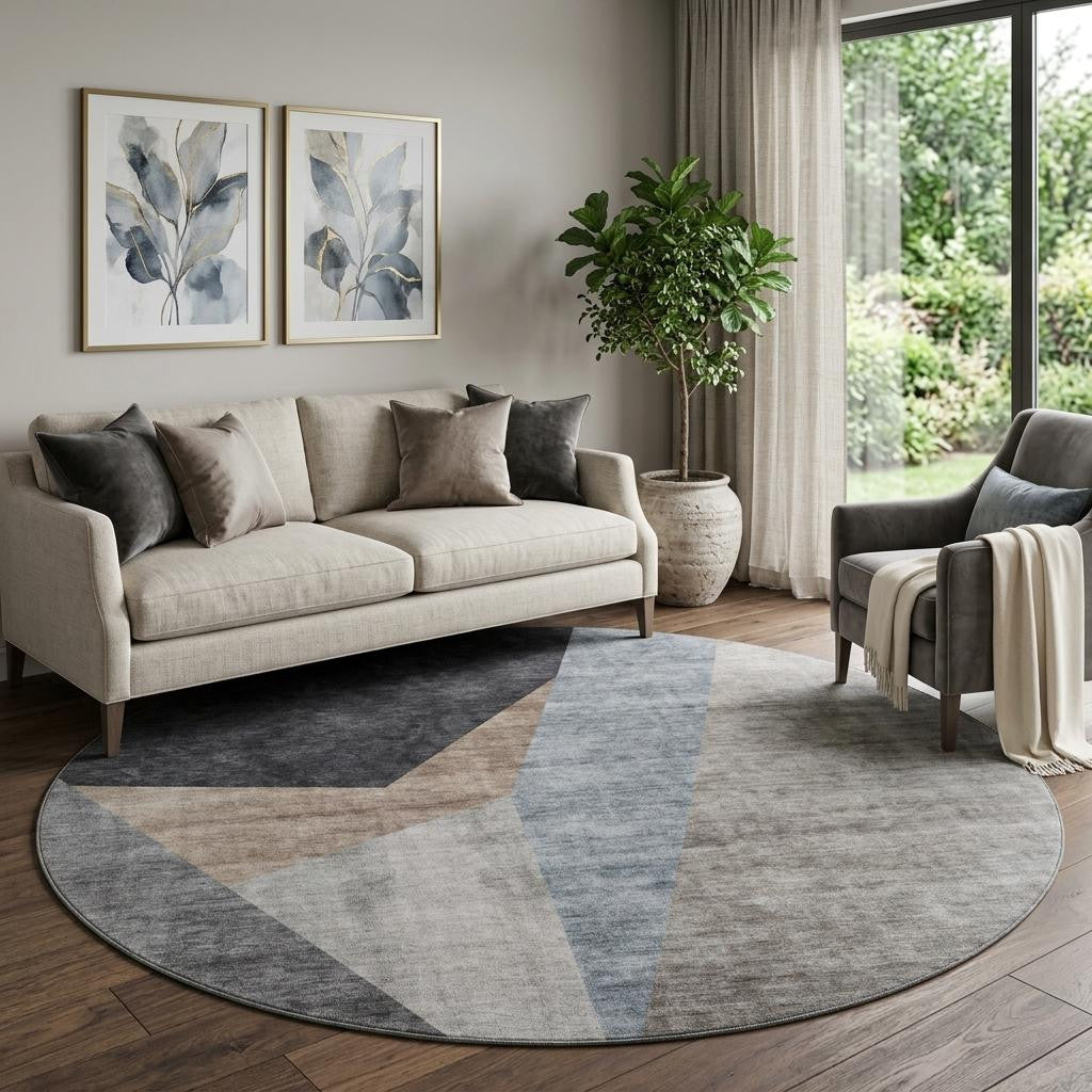 8 Taupe Blue And Beige Geometric Washable Round Rug With UV Protection