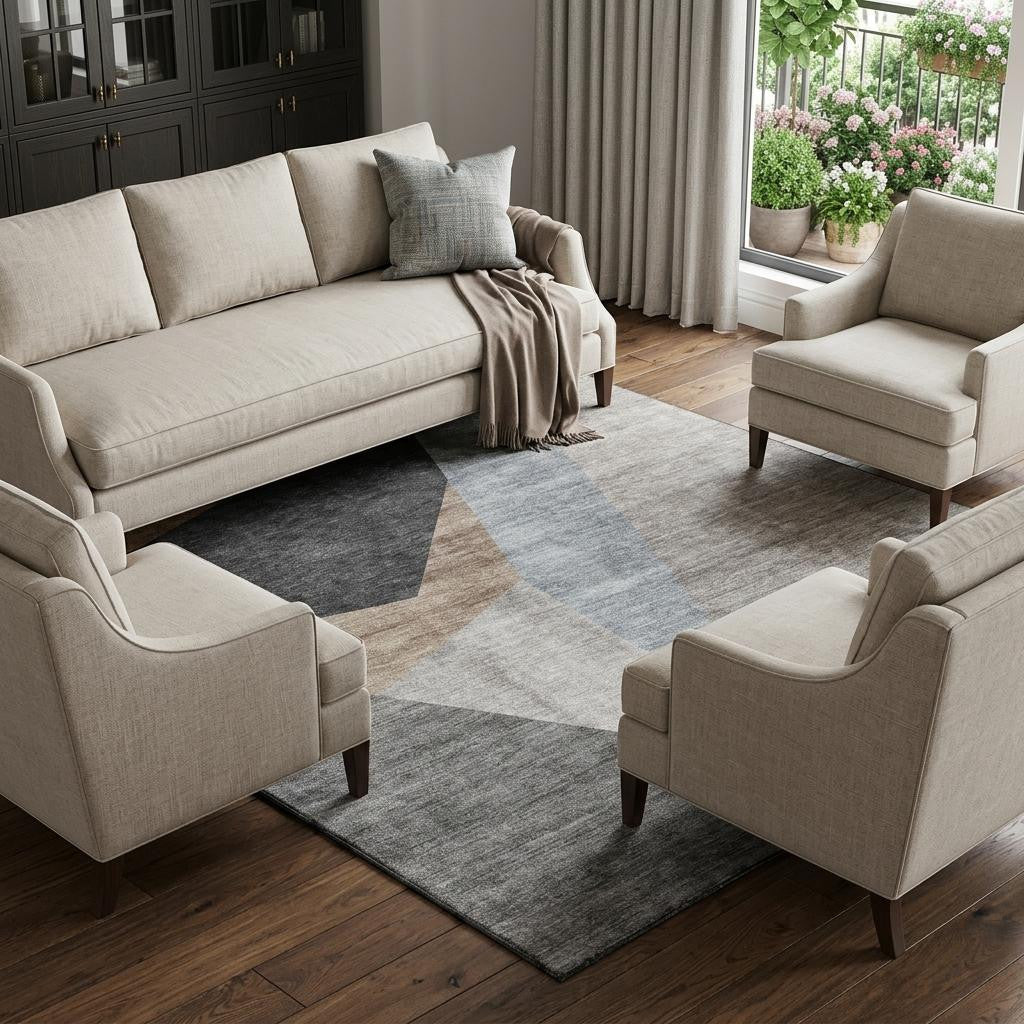 9 X 12 Taupe Blue And Beige Geometric Washable Area Rug With UV Protection