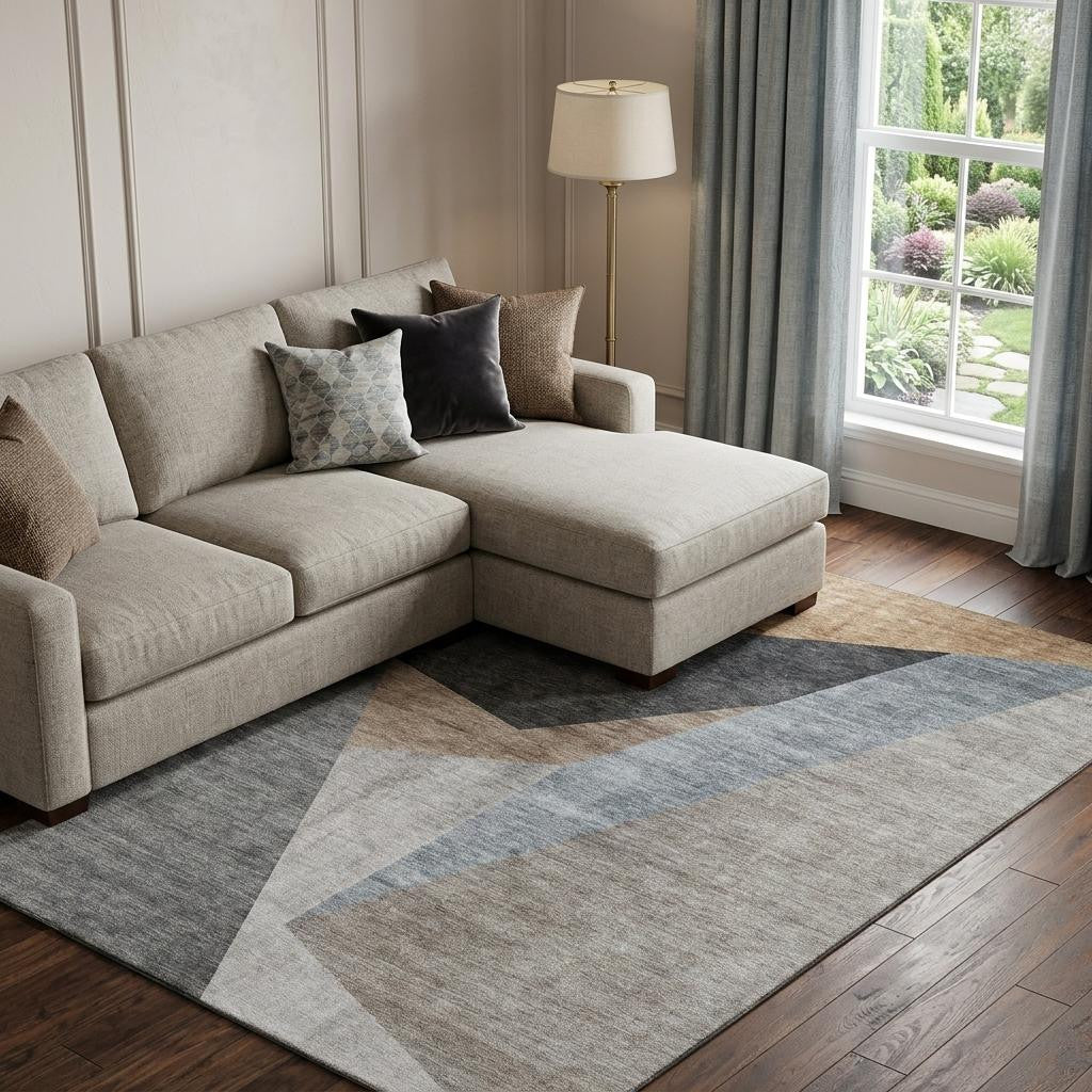 10 X 14 Taupe Blue And Beige Geometric Washable Area Rug With UV Protection