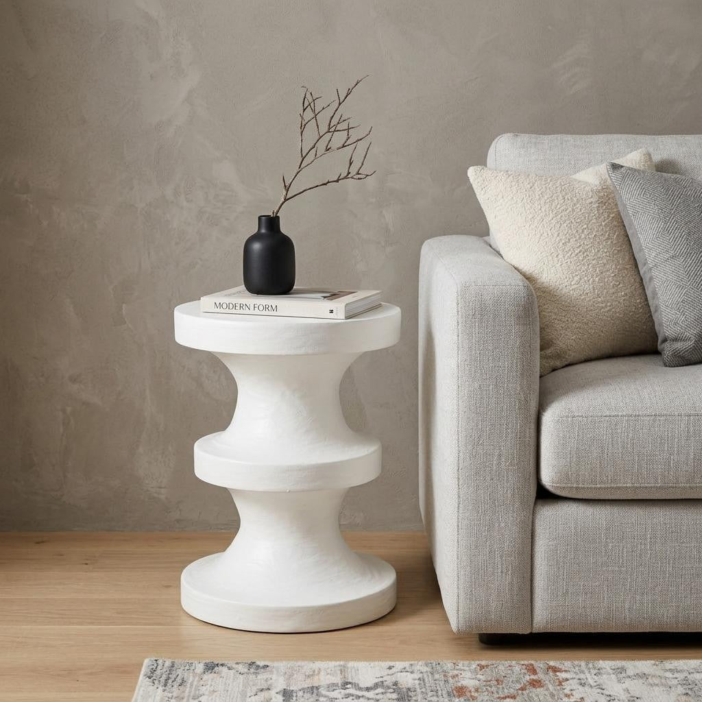 22 Inch Matte White Lime Plaster Round Pedestal End Table