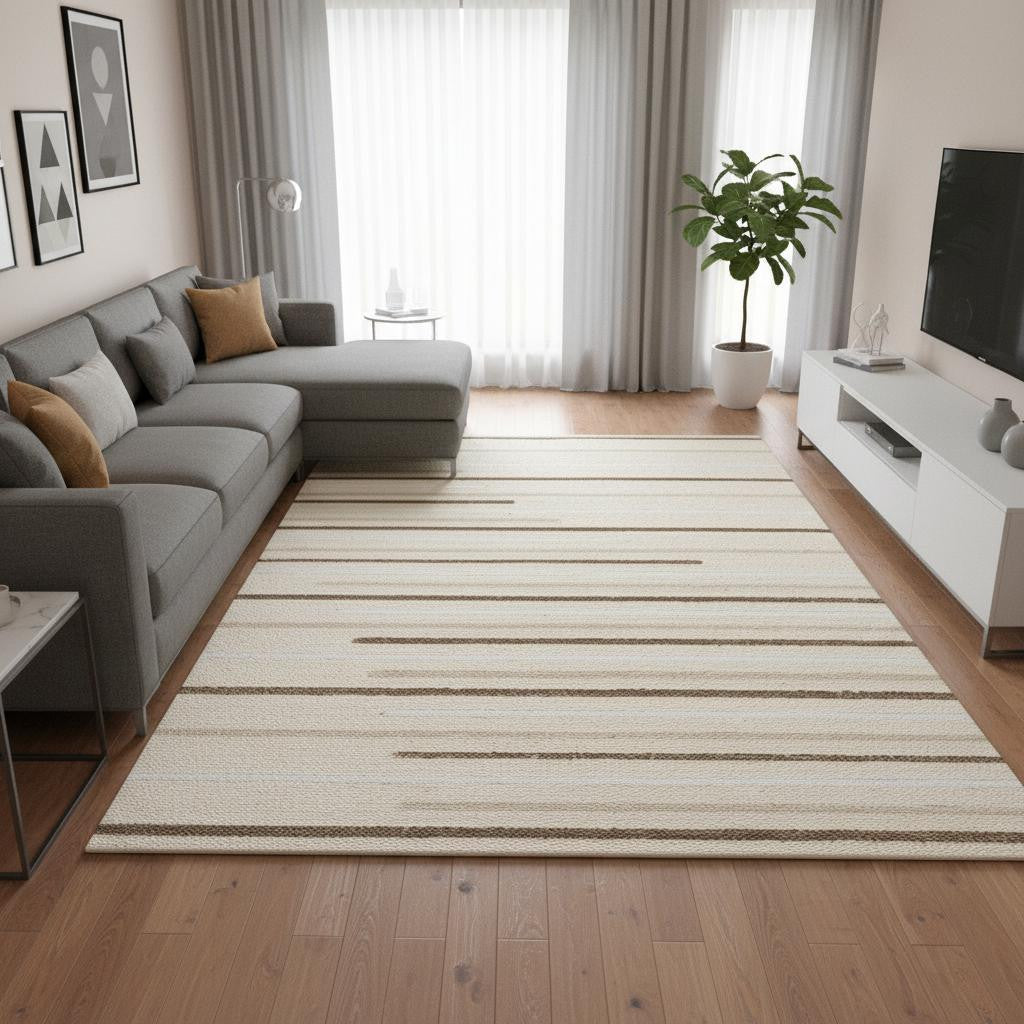 8 X 11 Cream And Brown Striped Area Rug