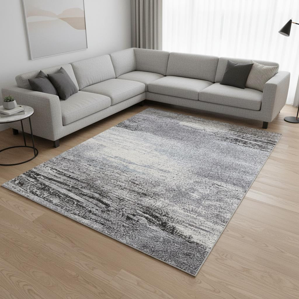 7 X 10 White And Gray Abstract Area Rug