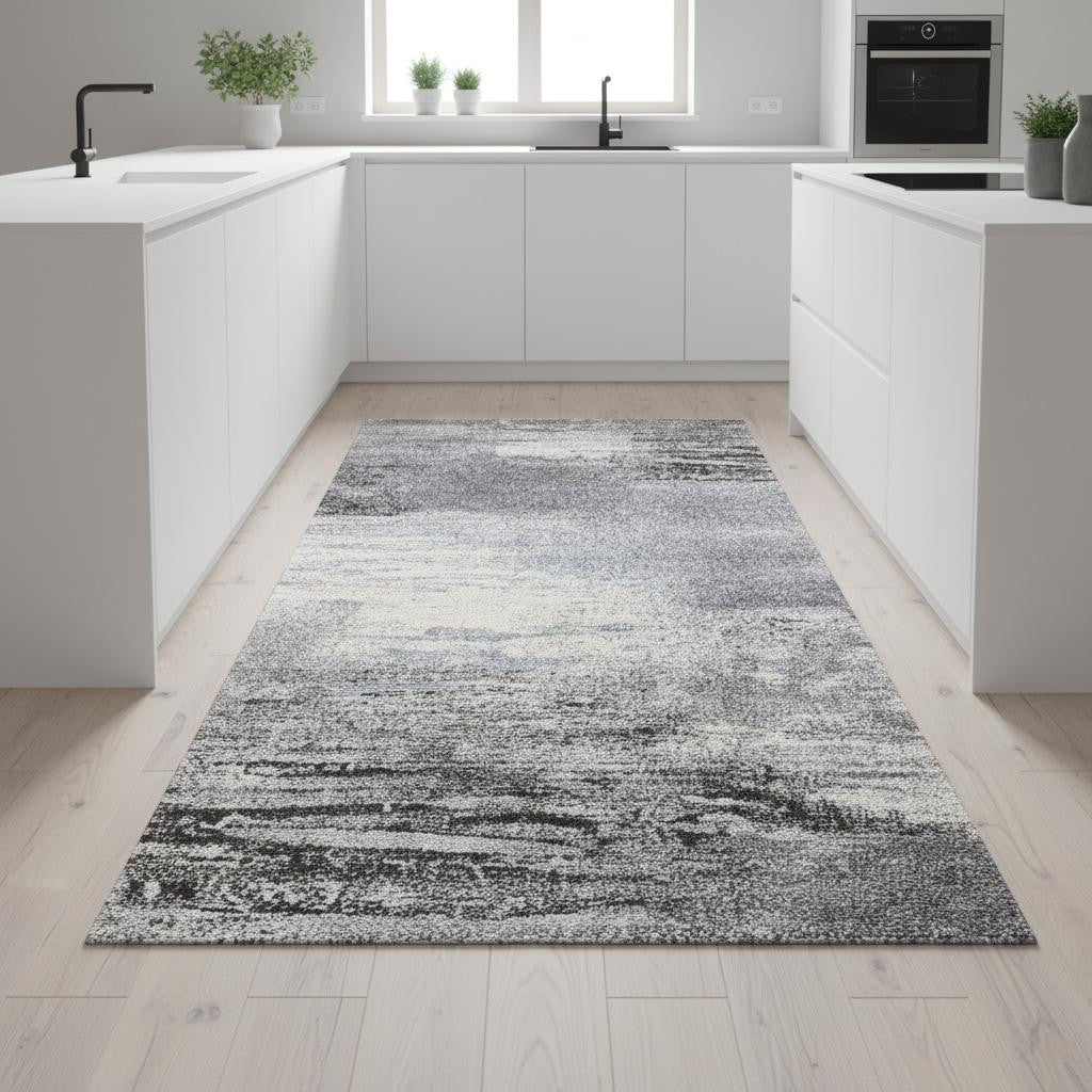 8 White And Gray Abstract Runner Rug