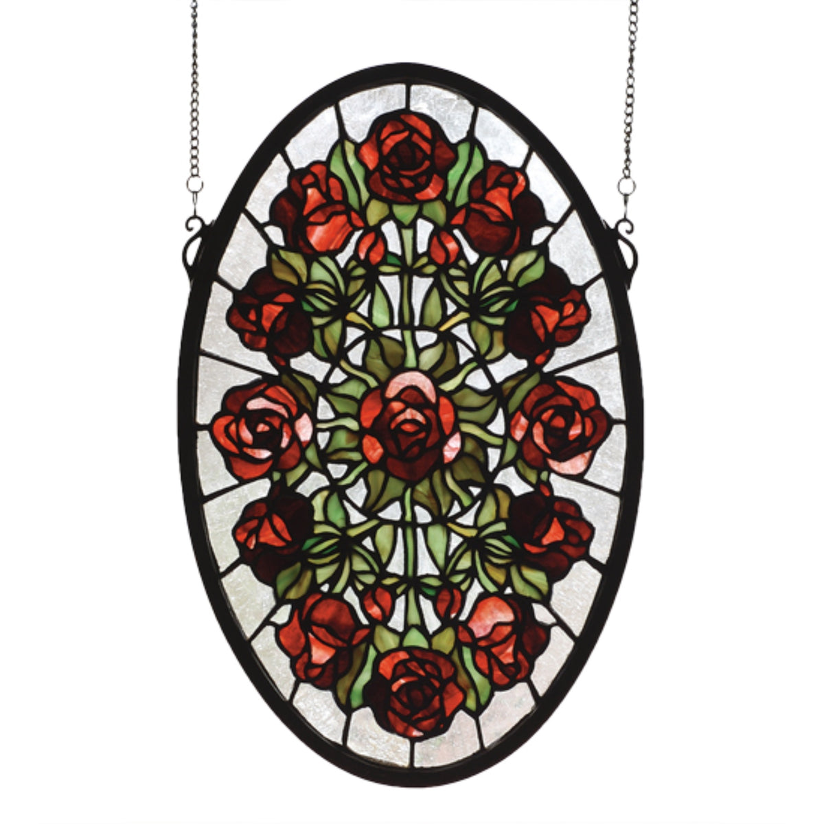 11 Inch W X 17 Inch H Oval Rose Garden Stained Glass Window