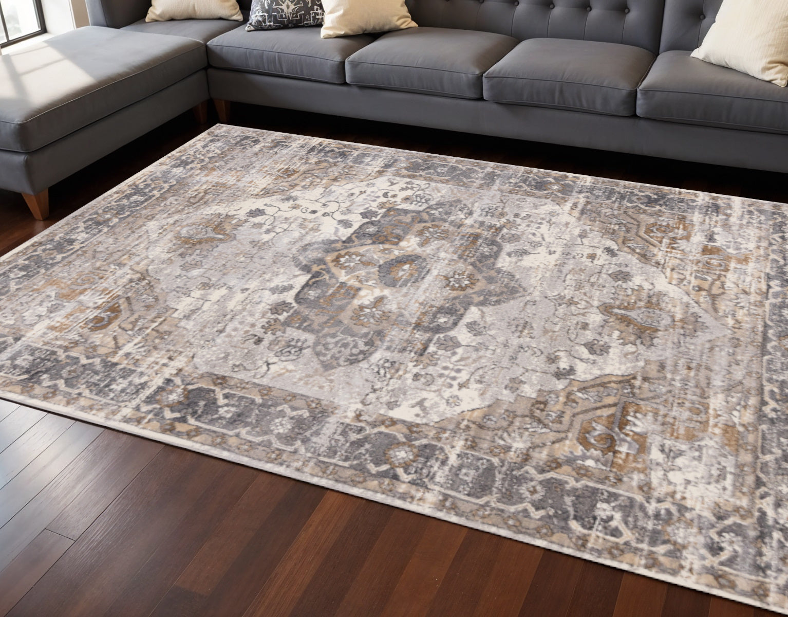 8 X 11 Ivory Gray And Brown Medallion Area Rug
