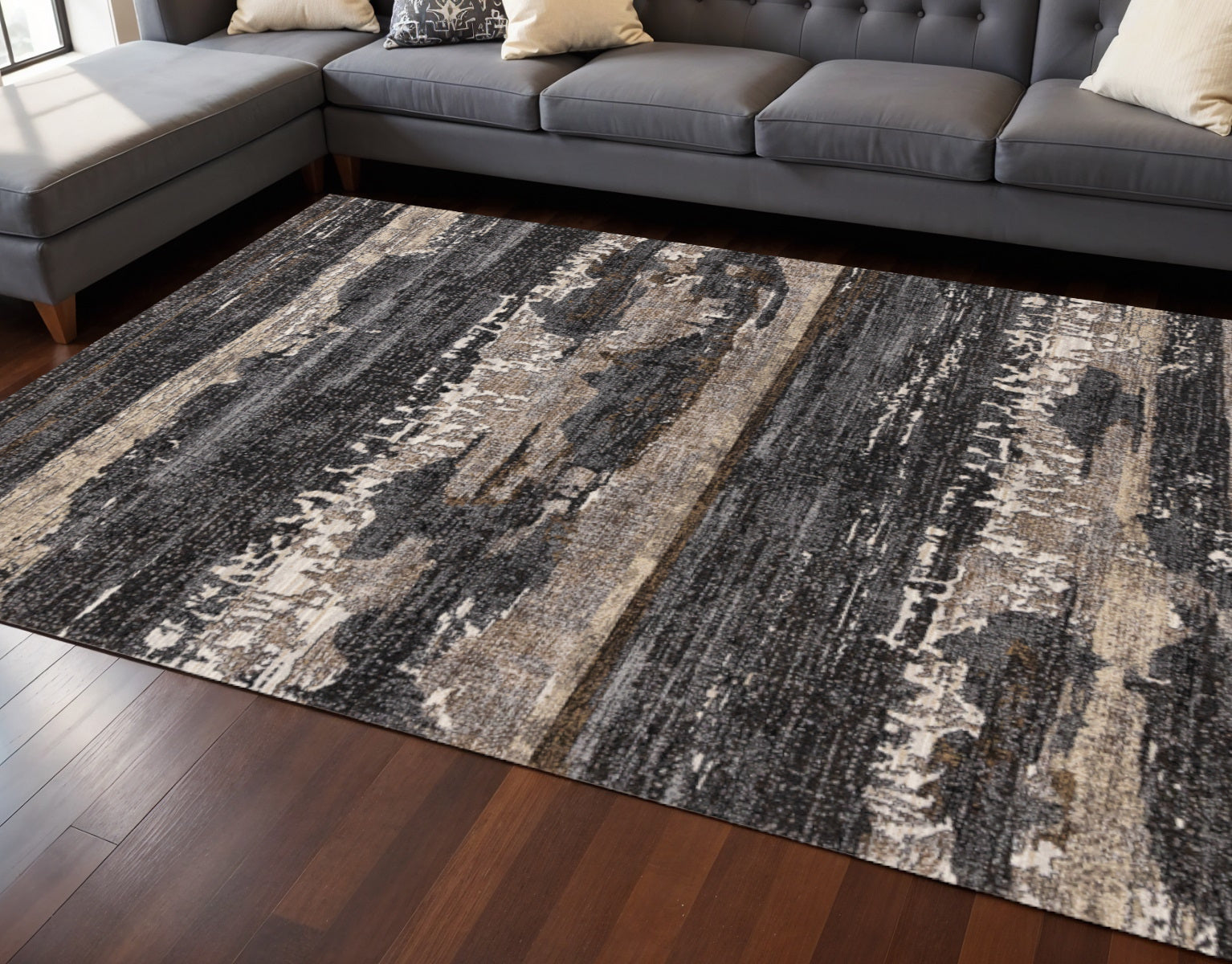8 X 11 Gray Black And Tan Abstract Area Rug