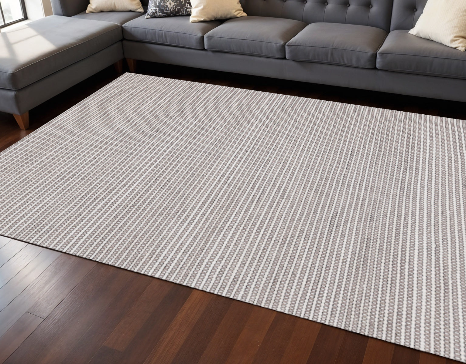 8 X 11 White And Taupe Striped Hand Woven Area Rug