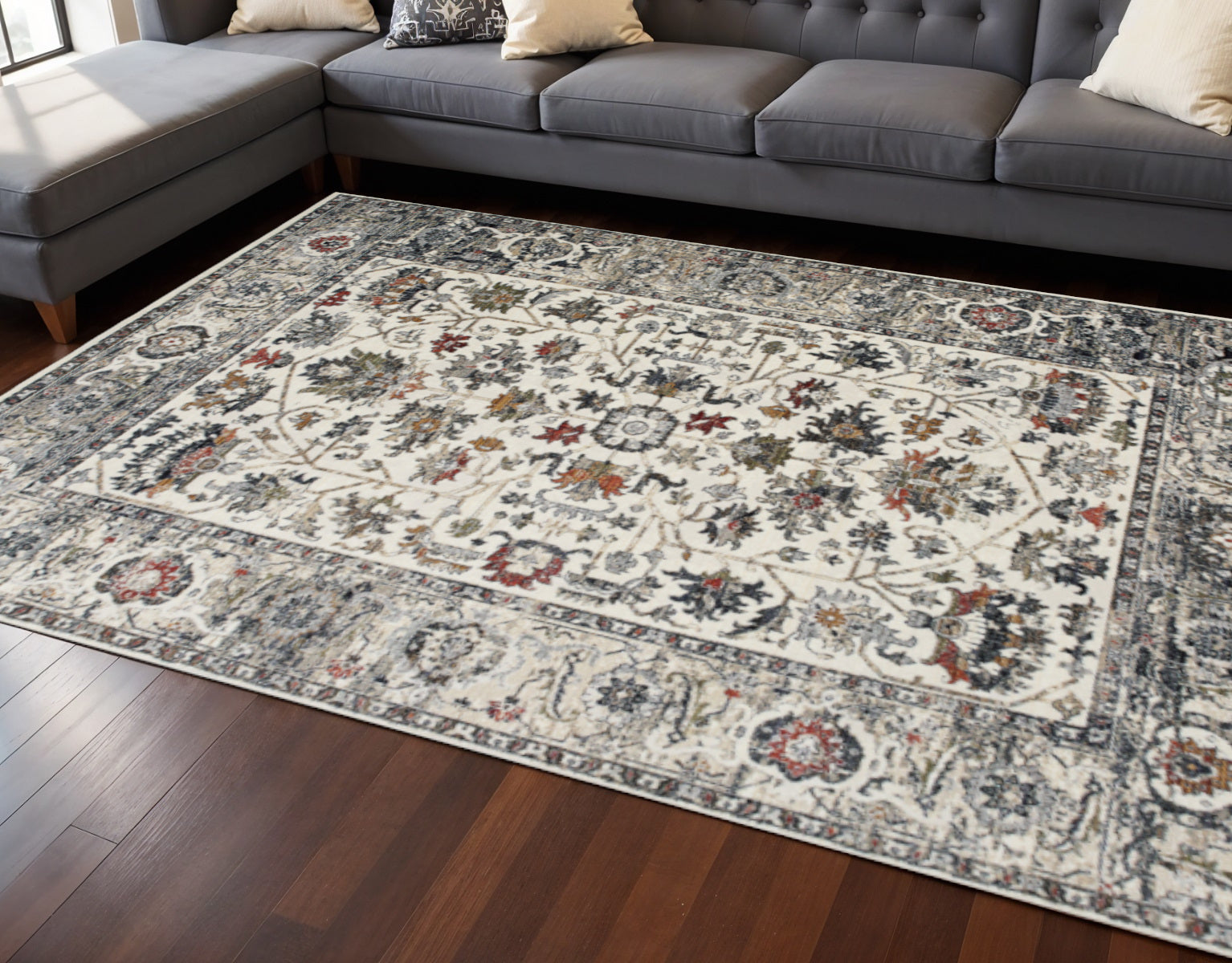 7 X 10 Cream Gray And Red Floral Medallion Area Rug