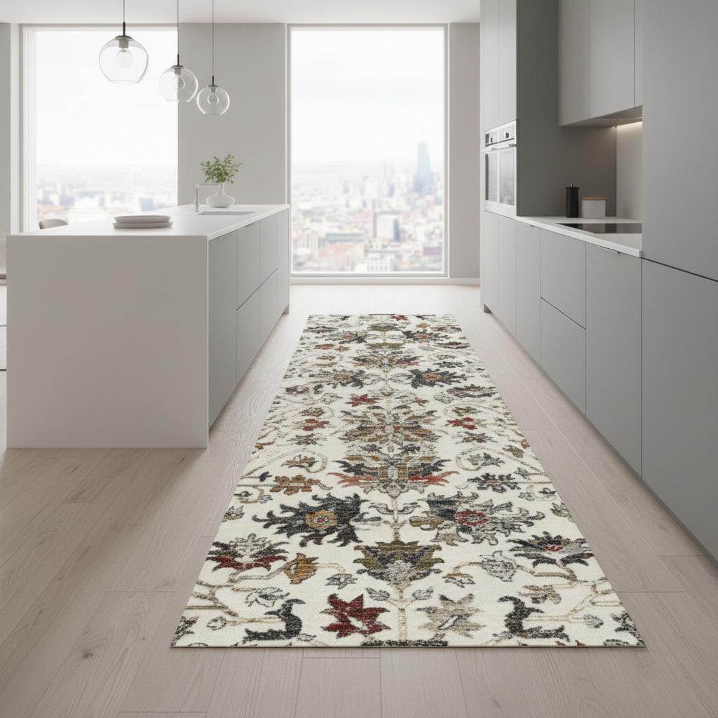 8 Cream Gray And Red Floral Medallion Runner Rug