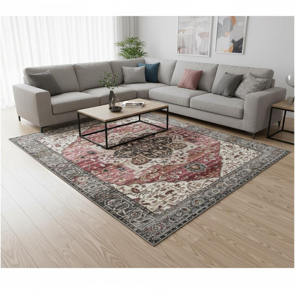 8 X 10 Pink Cream And Gray Medallion Area Rug
