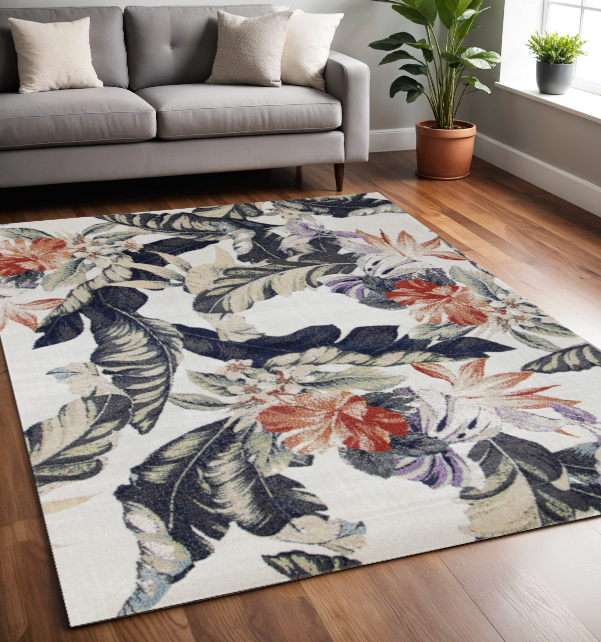5 X 8 Cream Brick Red And Green Botanical Leaves Area Rug