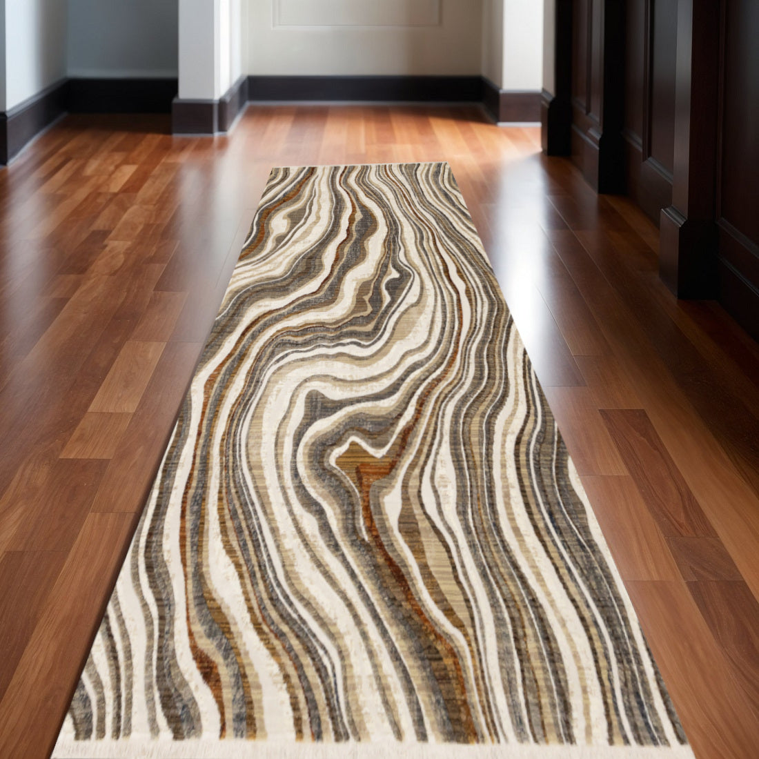 8 Cream And Beige Abstract Runner Rug