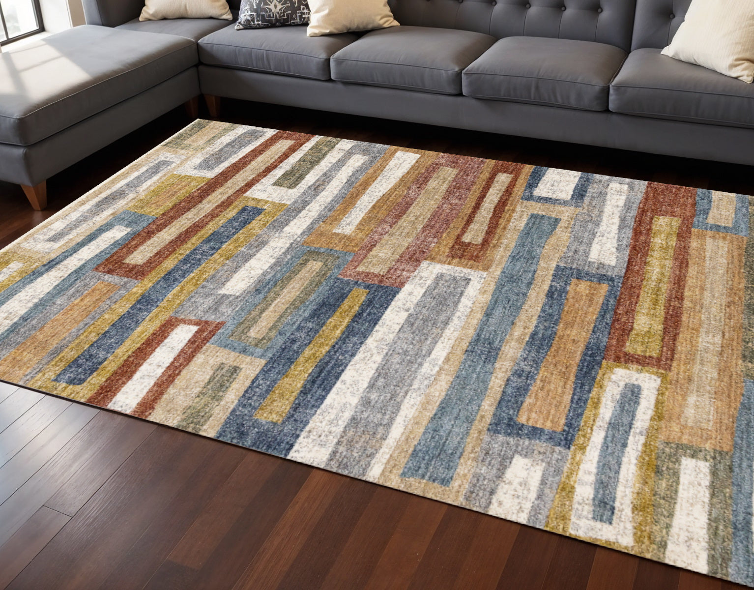 8 X 10 Yellow Blue And Brown Striped Area Rug