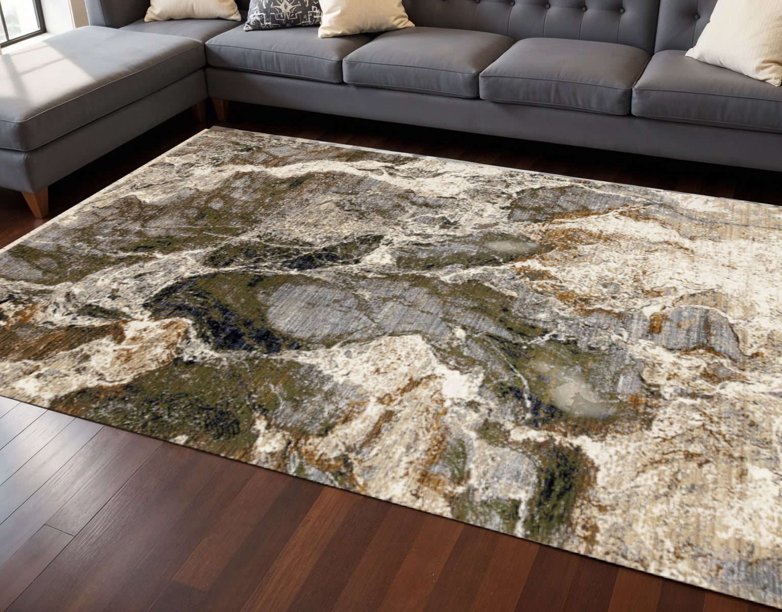 8 X 10 Black Dark Green And Beige Abstract Area Rug